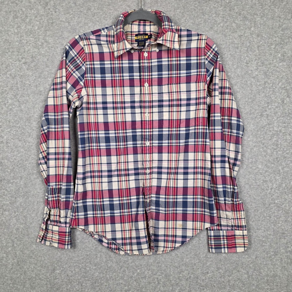 Ralph Lauren Rugby Shirt Womens 6 Pink Blue Plaid Button Down Cotton Long Sleeve